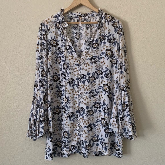 Free People Tops - Free People Magic Mystery Blue Floral Bell Sleeve Tunic Blouse Dress Size Small